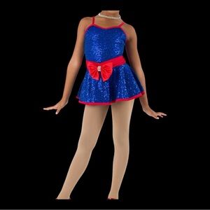 Blue Sequin Dress with Red Bow